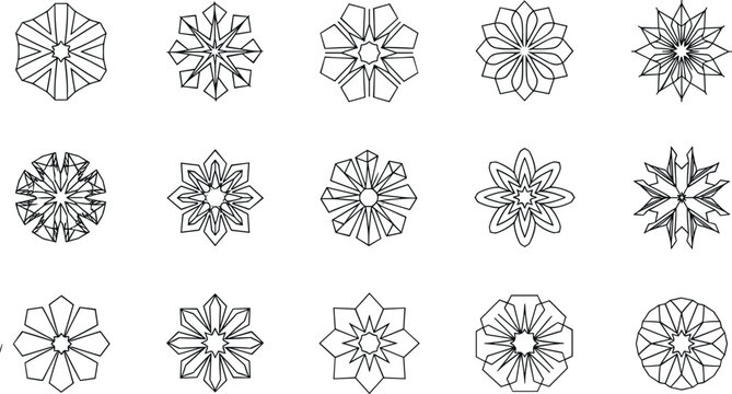 Geometric flower outline vector collection with ornamental mandala rosette shapes for coloring and decorative design