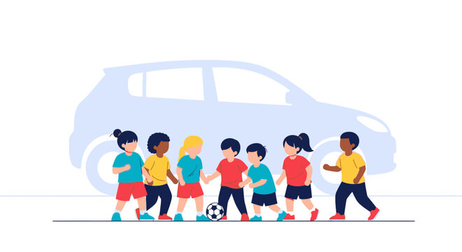 Children Walking with Soccer Ball.