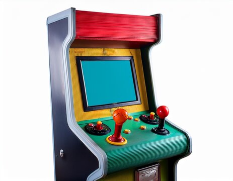 retro arcade cabinet buttons and joystick colorful game controls white background