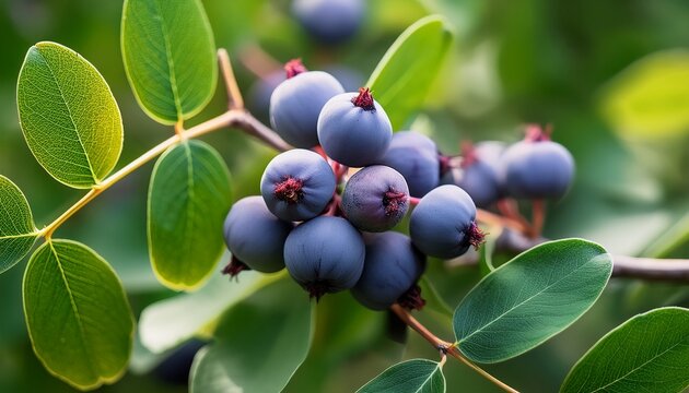 saskatoon serviceberry fruit ripening on a branch in the garden