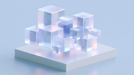 Obraz premium Abstract composition of translucent geometric cubes arranged on a white platform with soft lighting, creating a modern and sophisticated visual display