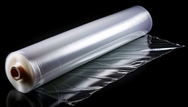 a roll of clear plastic cling wrap isolated on a black background view isolated on white background