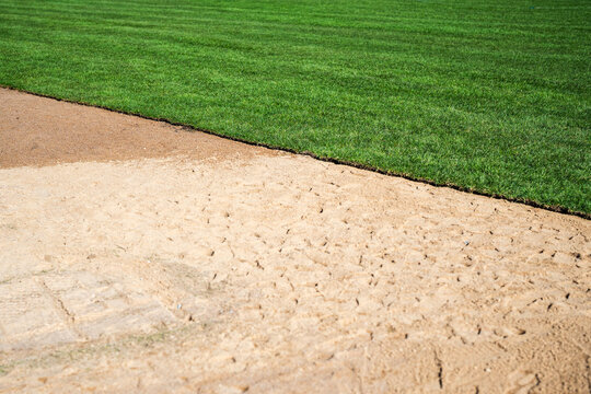 Rolled turf prepared for seasonal renewal and installation in city park; pre-grown grass rolls laid on wet soil; landscaping and grounds maintenance services related to preparing lawns 