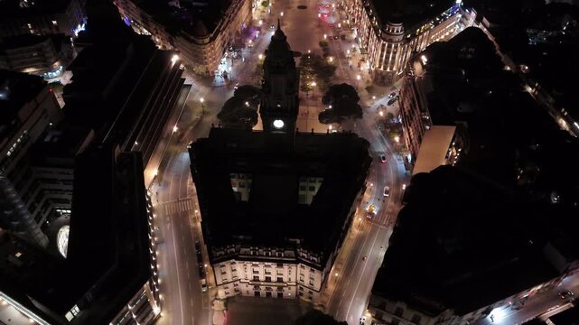 Aerial Night View of Porto City Hall and Avenida dos Aliados