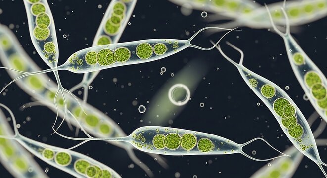 Microscopic view of Euglena gracilis algae cells with chloroplasts and flagella.
