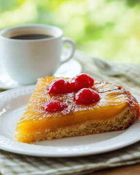 A slice of pineapple upside down cake with cherries and coffee