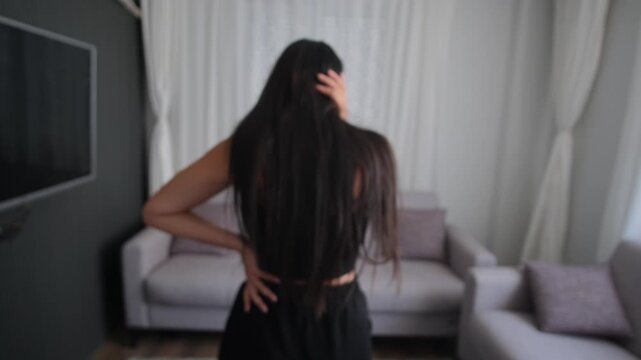 Anxiety and overthinking concept with restless woman walking in slow motion in modern home interior, mental overload and emotional stress