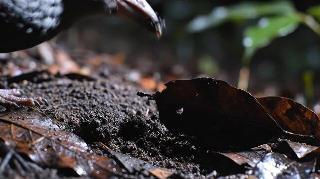 Close-up macro view of a kiwi bird's beak probing dark soil for food in a natural forest setting