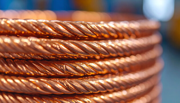 Coiled copper wires with warm metallic shine, blurred industrial background, metallurgy and engineering concept. Close-up.