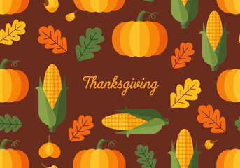 Thanksgiving Autumn Harvest Flat Design Background with Pumpkins, Corn, and Oak Leaves © Rnb