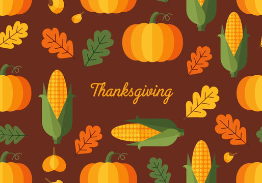 Thanksgiving Autumn Harvest Flat Design Background with Pumpkins, Corn, and Oak Leaves