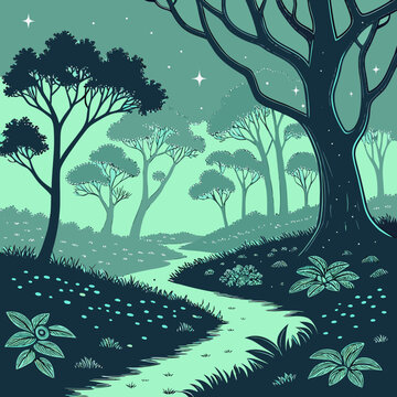 Night scene of a forest with tall trees and a winding path under a starry sky woodland wilderness wildlife
