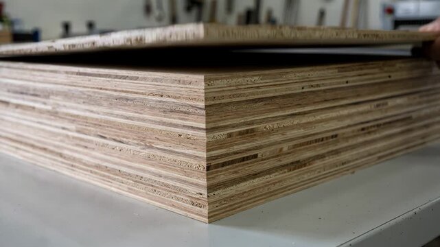 Medium closeup of fiveply veneer layups showing detailed alignment and layering techniques in uniform stacks prepared for panel manufacturing.
