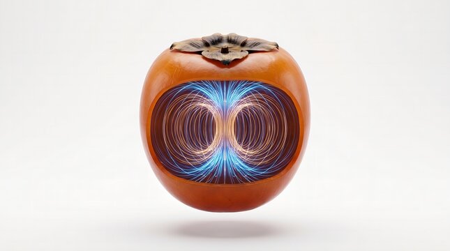A futuristic orange object with glowing blue lines and metallic top sits on a white surface in a studio.