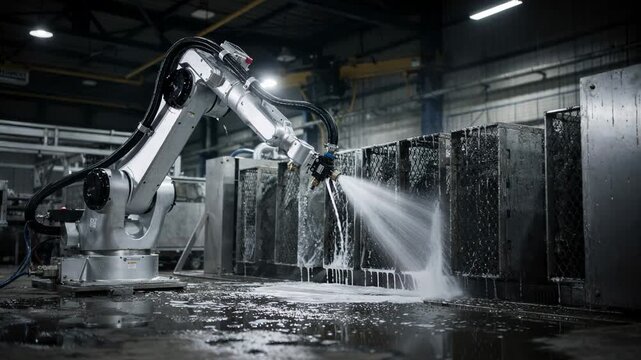 Dynamic medium shot capturing a robotic arm spraying water onto wet filter plates during a thorough cleaning cycle emphasizing advanced automation in heavy industry.