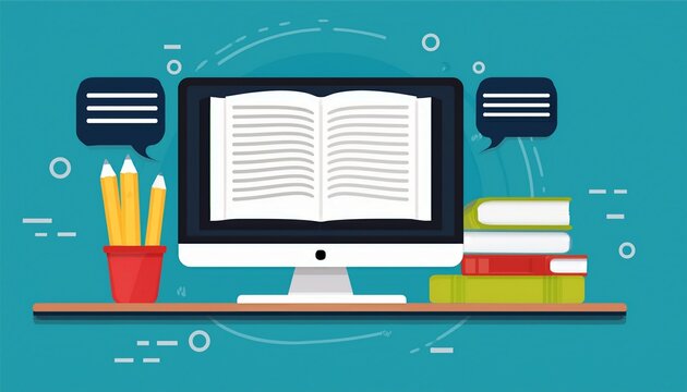 online learning digital communication concept computer chat bubbles book pencil for e learning and content creation