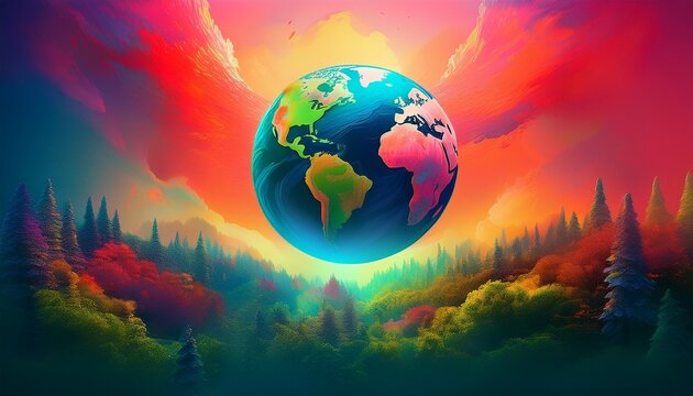 planet earth floating in a colorful and ethereal background above a green and red forest