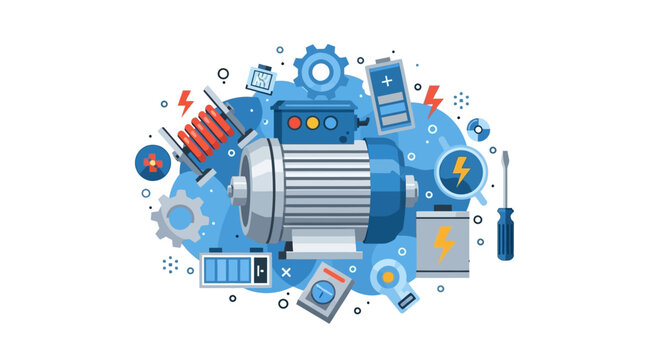 Electric Motor and Industrial Engineering Illustration with Electrical Components and Tools
