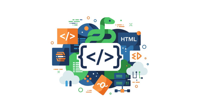 Python Programming and Software Development Concept Illustration with Code Brackets, Snake, and Cloud Computing Elements
