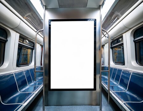 empty vertical billboard frame inside subway train blank white ad space for urban public transport marketing mockup