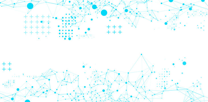 Abstract blue technological network background with connecting dots, geometric patterns, plus signs, and binary code digits 0, 1 for modern digital concepts.