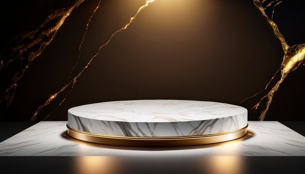 elegant marble display pedestal with golden veins and soft underglow lighting for product presentation