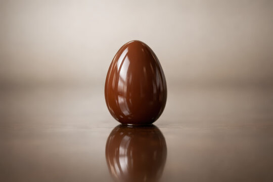 Glossy chocolate egg on reflective surface for easter confectionery background and packaging design with warm neutral tones