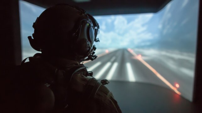 Pilot training simulation air force base virtual reality high-tech environment first-person perspective flight operations
