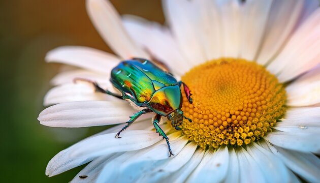 closeup macro view of a colorful beetle resting on a white daisy flower showing detailed patterns pollen dust and soft background bokeh for nature concepts