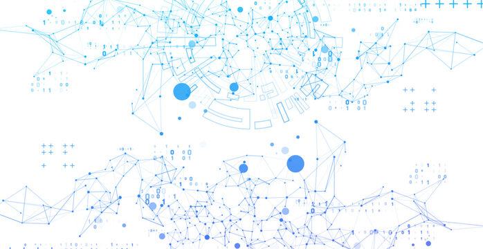 Abstract technological background featuring blue network connections, binary digits 0, 1, and various geometric shapes, representing digital data flow and global communication.