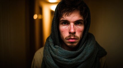 Fototapeta premium Close up portrait of a person with scarf and looking directly at camera