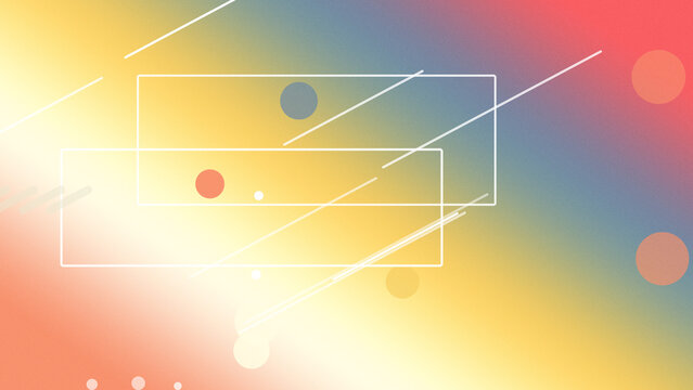 Layered outlined rectangles and circles drift over a warm rainbow gradient, surrounded by diagonal motion lines, creating a lively modern UI background.