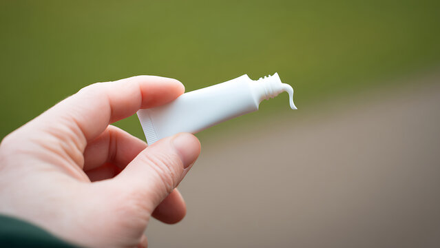 Hand Holding Small White Tube of Ointment or Cream Outdoors.