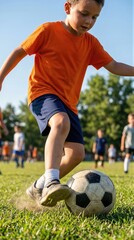 Fototapeta premium Boy playing soccer on green grass field. Young athlete running with ball during summer match. Active lifestyle, teamwork and healthy exercise concept for children outdoors.