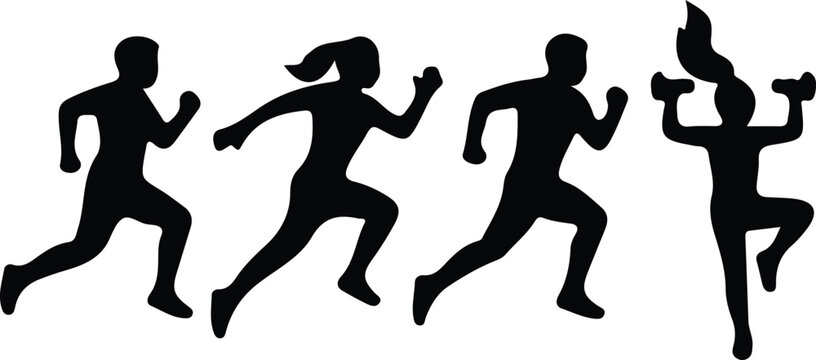 Black silhouettes of people running with torch