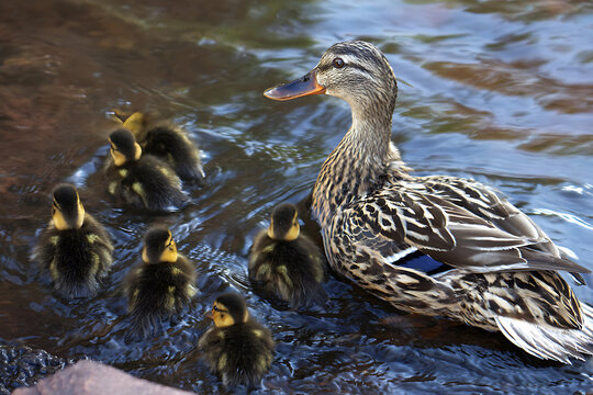Mother Duck and Ducklings Swimming in Water.