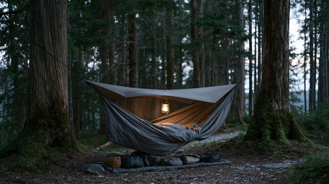 Hammock camping setup between ancient forest canopy trees at twilight, ridgeline hammock with bug net and gathered underquilt visible, lantern glowing softly inside shelter, dense old-growth forest 