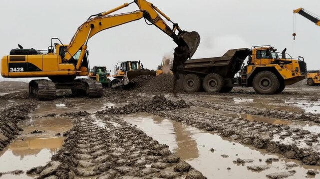 Large yellow excavator dumping dirt into a dump truck on a muddy construction site with other heavy machinery