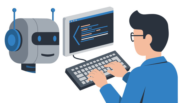 Man Coding with AI Assistant Illustration, Artificial Intelligence Chatbot Helping Developer with Software Programming Concept