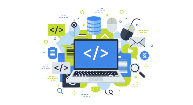 Software Development and Web Design Concept Vector Illustration with Laptop, Code Tags, and IT Infrastructure Icons on White Background
