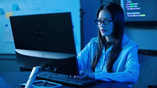 Focused Asian female software engineer wearing glasses, coding on a desktop computer late at night in a dark office with blue neon light, analyzing big data and developing cyber security system.