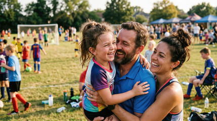 Fototapeta premium Happy father and mother hugging laughing child girl at soccer field. Family supporting kid at youth summer sport event. Parenting participation, parenthood and active lifestyle concept.