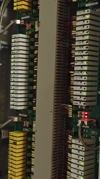 Relay modules and signal indicators. Detailed visualization of relay modules cabling. Comprehensive view of automation controls with detailed relay wiring and diagnostic indicators visible