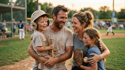 Obraz premium Happy family with father, mother, son and daughter playing baseball at local park. Parents and child celebrating summer sport activity after game. Active lifestyle and family fun concept.