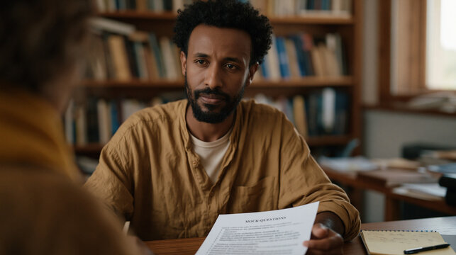 Asylum seeker interview preparation shown as Ethiopian man practicing with community volunteer in library private room, printed mock-question sheet between them, body language coaching visible, lega