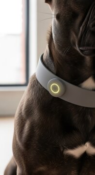 Dog wearing smart tracker collar with glowing LED light. Modern pet technology for location monitoring and activity tracking. Innovative wearable device for animal safety and health.