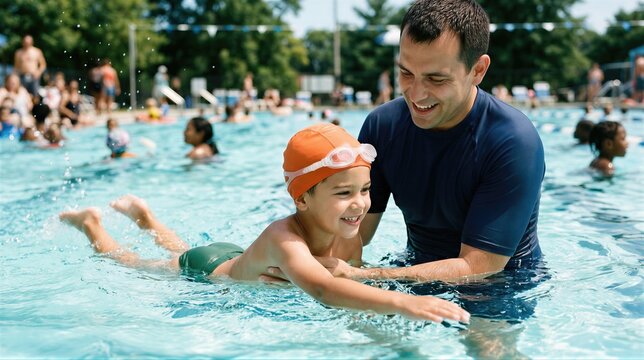 Father teaching small boy to swim in outdoor pool. Man supporting happy kid in water during summer sport activity. Family recreation, swimming lesson and healthy aquatic lifestyle.