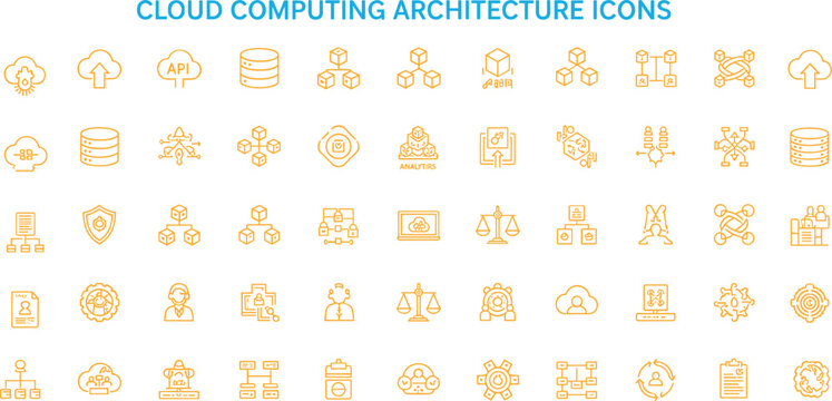 Cloud Computing Architecture Orange Line Icon Set With API Server Security Analytics And Infrastructure Technology Vector Illustration Design