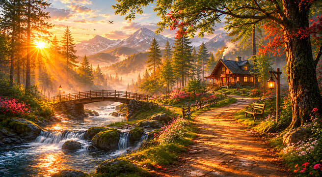 Enchanting Mountain Hamlet: A picturesque wooden cabin nestled beside a babbling brook, crossed by a charming bridge, is bathed in the golden rays of a sunrise over majestic mountains.