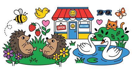 Cheerful shop scene with hedgehogs and swans in summer garden setting vector illustration. © MdJubayer